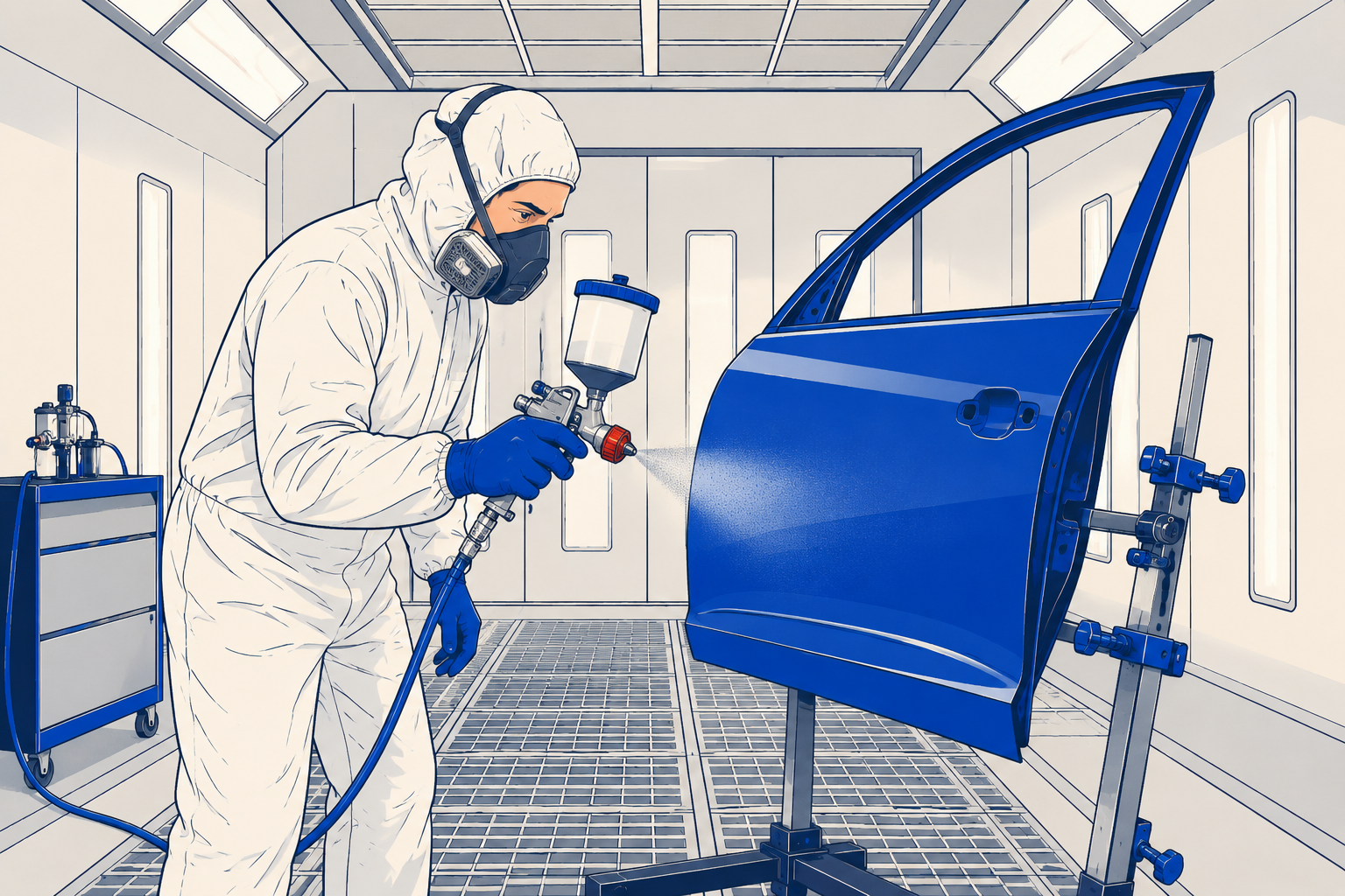 Application professionnelle en cabine de peinture ventilée avec pistolet haute précision.